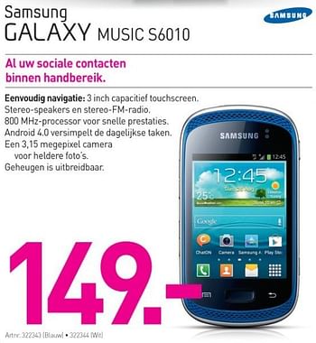 Promoties Samsung galaxy music s6010 - Samsung - Geldig van 29/03/2013 tot 30/04/2013 bij Auva