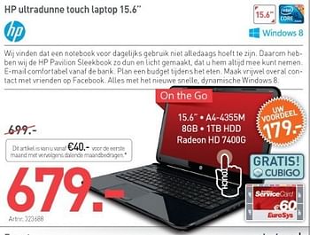 Promoties Hp ultradunne touch laptop 15.6 - HP - Geldig van 29/03/2013 tot 30/04/2013 bij Auva