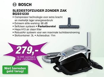 Promoties Bosch sledestofzuiger zonder zak bgs51230 - Bosch - Geldig van 01/05/2013 tot 31/05/2013 bij ElectronicPartner