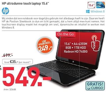 Promoties Hp ultradunne touch laptop 15.6 - HP - Geldig van 02/05/2013 tot 30/06/2013 bij Auva