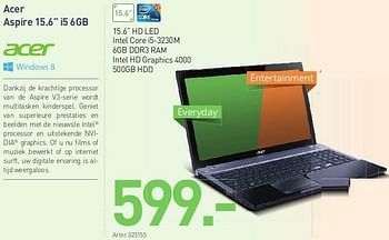 Promoties Acer aspire 15.6 i5 6gb - Acer - Geldig van 06/05/2013 tot 15/05/2013 bij VCD