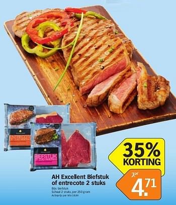 Promoties Ah excellent biefstuk of entrecote 2 stuks - Huismerk - Albert Heijn - Geldig van 13/05/2013 tot 20/05/2013 bij Albert Heijn