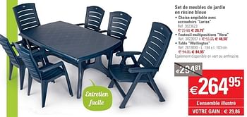 Promotions Set de meubles de jardin en re`sine bleue - Produit maison - Brico - Valide de 15/05/2013 à 27/05/2013 chez Brico