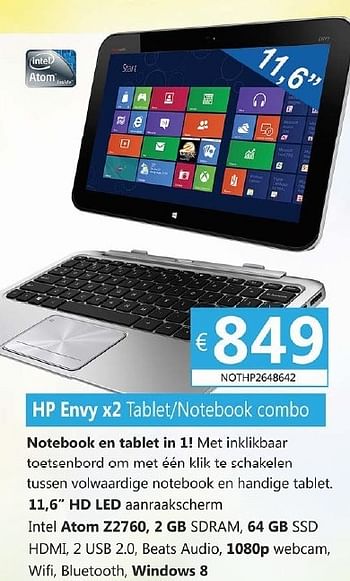 Promoties Hp envy x2 tablet notebook combo nothp2648642 - HP - Geldig van 15/05/2013 tot 05/07/2013 bij Compudeals