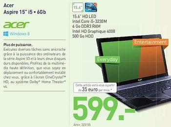 Promotions Acer aspire 15 i5 6gb - Acer - Valide de 16/05/2013 à 30/06/2013 chez Auva