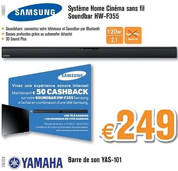 Promotions Samsung système home cinéma sans fil soundbar hw-f355 - Samsung - Valide de 27/05/2013 à 23/06/2013 chez Krefel