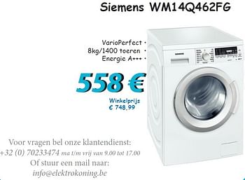 Promotions Siemens wm14q462fg - Siemens - Valide de 01/06/2013 à 30/06/2013 chez Elektro Koning