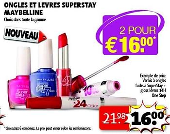 Promotions Vernis à ongles fuchsia superstay + gloss lèvres - Maybelline - Valide de 18/06/2013 à 30/06/2013 chez Kruidvat