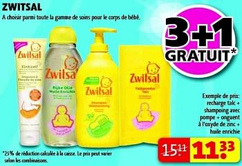 Promotions Recharge talc + shampoing avec pompe + onguent à l`oxyde de zinc + huile enrichie - Zwitsal - Valide de 18/06/2013 à 30/06/2013 chez Kruidvat