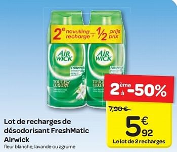 Promoties Lot de recharges de désodorisant freshmatic airwick - Airwick - Geldig van 19/06/2013 tot 24/06/2013 bij Carrefour
