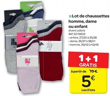 Promoties Lot de chaussettes homme,dame ou enfant - Huismerk - Carrefour  - Geldig van 19/06/2013 tot 24/06/2013 bij Carrefour