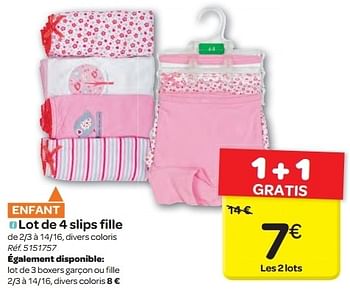 Promoties Lot de 4 slips fille - Huismerk - Carrefour  - Geldig van 19/06/2013 tot 24/06/2013 bij Carrefour