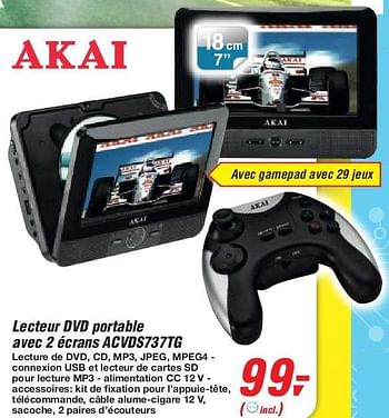 Promotions Akai lecteur dvd portable avec 2 écrans acvds737tg - Akai - Valide de 19/06/2013 à 29/06/2013 chez Makro