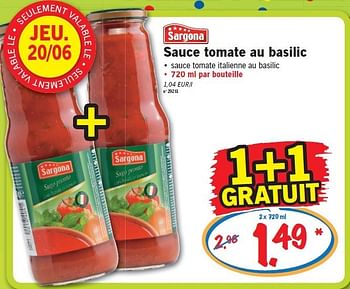 Promotions Sauce tomate au basilic - Sargona - Valide de 20/06/2013 à 26/06/2013 chez Lidl