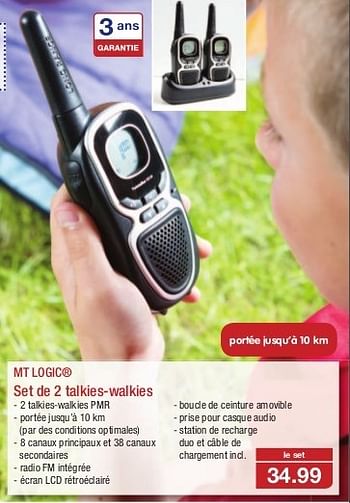 Promotions Mt logic set de 2 talkies-walkies - MT Logic - Valide de 26/06/2013 à 29/06/2013 chez Aldi