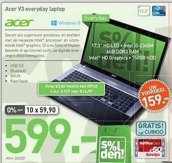 Promoties Acer v3 everyday laptop - Acer - Geldig van 26/06/2013 tot 20/07/2013 bij Auva