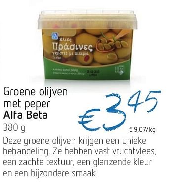 Promoties Groene olijven met peper alfa beta - Alfa Beta - Geldig van 04/07/2013 tot 10/07/2013 bij Delhaize