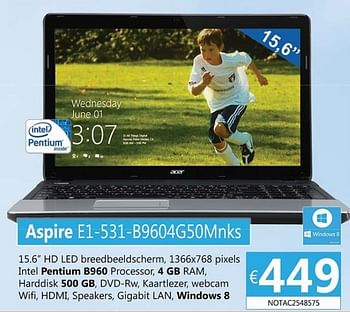 Promoties Acer aspire e1-531-b9604g50mnks - Acer - Geldig van 09/07/2013 tot 19/08/2013 bij Compudeals