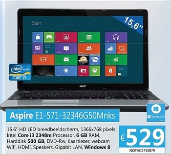 Promoties Acer aspire e1-571-32346g50mnks - Acer - Geldig van 09/07/2013 tot 19/08/2013 bij Compudeals