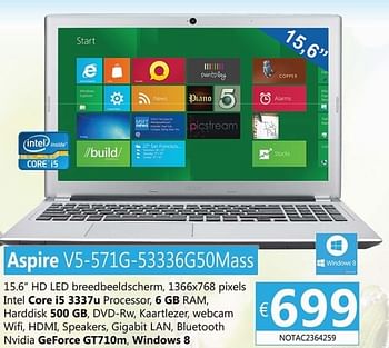 Promoties Acer aspire v5-571g-53336g50mass - Acer - Geldig van 09/07/2013 tot 19/08/2013 bij Compudeals