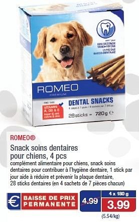 Promotions Snack soins dentaires pour chiens, 4 pcs - Romeo - Valide de 17/07/2013 à 23/07/2013 chez Aldi