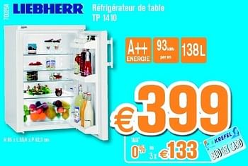 Promotions Liebherr réfrigérateur de table tp 1410 - Liebherr - Valide de 01/08/2013 à 25/08/2013 chez Krefel