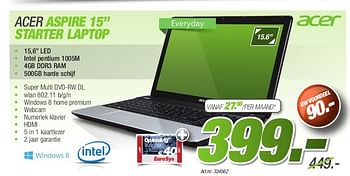Promoties Acer aspire 15 starter laptop - Acer - Geldig van 26/08/2013 tot 31/10/2013 bij Auva