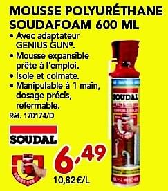 Promotions Mousse polyuréthane soudafoam - Soudal - Valide de 26/08/2013 à 21/09/2013 chez Group Meno