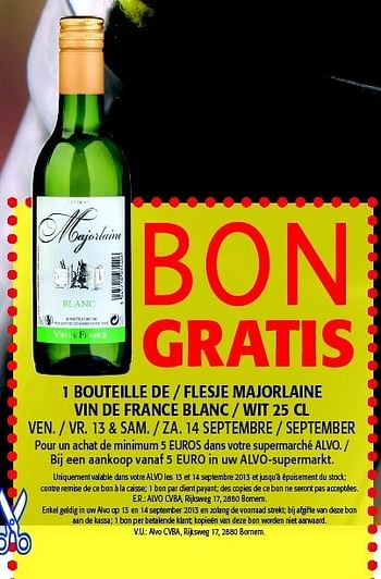 Promotions 1 bouteille de majorlaine vin de france blanc - Vins blancs - Valide de 13/09/2013 à 14/09/2013 chez Alvo