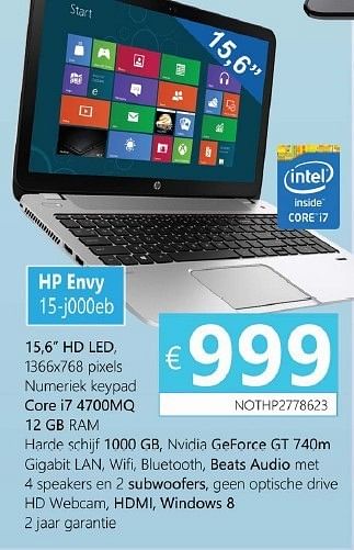 Promoties Hp notebooks envy 15-j000eb - HP - Geldig van 07/10/2013 tot 15/11/2013 bij Compudeals