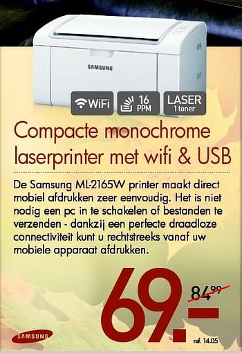 Promoties Samsung compacte monochrome laserprinter met wifi + usb - Samsung - Geldig van 15/10/2013 tot 30/11/2013 bij PC Center