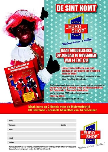 Promoties De Sint komt naar Middelkerke op zondag 10 november van 14 tot 17u - Huismerk - Euroshop - Geldig van 08/11/2013 tot 17/11/2013 bij Euro Shop