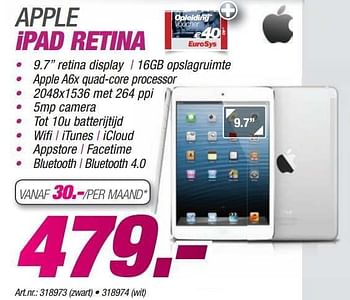 Promotions Apple ipad retina - Apple - Valide de 24/11/2013 à 08/12/2013 chez Auva