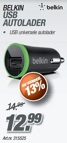 Promoties Belkin usb autolader - BELKIN - Geldig van 24/11/2013 tot 08/12/2013 bij Auva