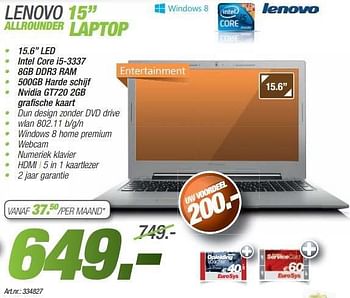 Promoties Lenovo 15 allrounder laptop - Lenovo - Geldig van 24/11/2013 tot 08/12/2013 bij Auva