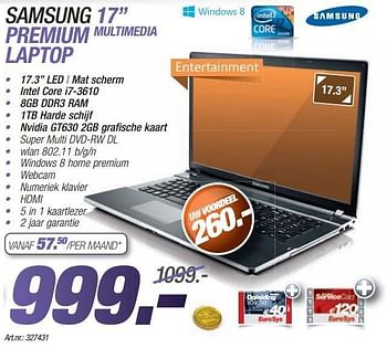 Promotions Samsung 17 premium multimedia laptop - Samsung - Valide de 24/11/2013 à 08/12/2013 chez Auva