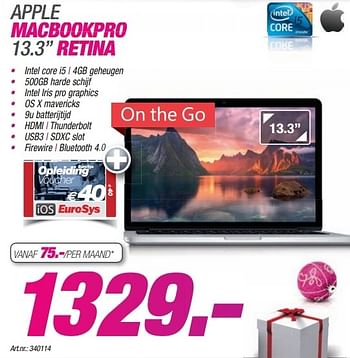 Promoties Apple macbookpro 13.3 retina - Apple - Geldig van 09/12/2013 tot 23/12/2013 bij Auva