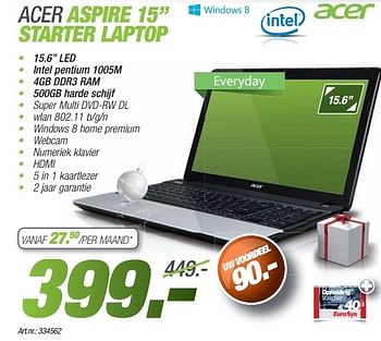 Promoties Acer aspire 15 starter laptop - Acer - Geldig van 09/12/2013 tot 23/12/2013 bij Auva