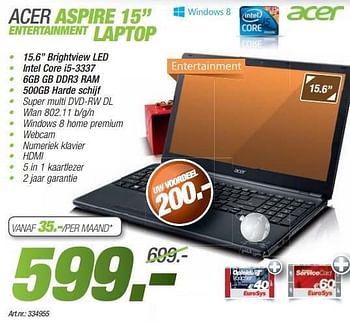Promoties Acer aspire 15 entertainment laptop - Acer - Geldig van 09/12/2013 tot 23/12/2013 bij Auva