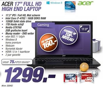 Promotions Acer 17 full hd high end laptop - Acer - Valide de 09/12/2013 à 23/12/2013 chez Auva