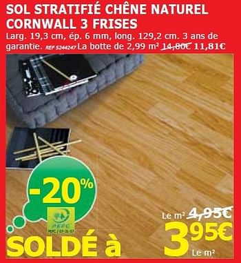 Promotions Sol stratifié chêne naturel cornwall 3 frises - Produit maison - BricoPlanit - Valide de 03/01/2014 à 13/01/2014 chez BricoPlanit