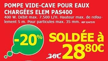 Promotions Pompe vide-cave pour eaux chargées elem pas400 - Elem - Valide de 03/01/2014 à 13/01/2014 chez BricoPlanit