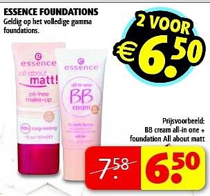 Promoties Bb cream all-in one + foundation all about matt - Essence - Geldig van 07/01/2014 tot 12/01/2014 bij Kruidvat