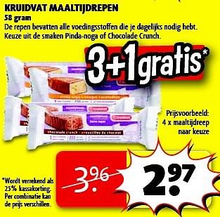 Promoties 4 x maaltijdreep naar keuze - Huismerk - Kruidvat - Geldig van 07/01/2014 tot 12/01/2014 bij Kruidvat