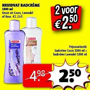 Promoties Badcrème cocos 1000 ml + badcrème lavende - Huismerk - Kruidvat - Geldig van 07/01/2014 tot 12/01/2014 bij Kruidvat