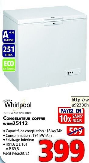 Promotions Whirlpool congélateur coffre whm25112 - Whirlpool - Valide de 09/01/2014 à 31/01/2014 chez Kitchenmarket