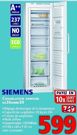 Promotions Siemens congélateur armoire gs36nmw30 - Siemens - Valide de 09/01/2014 à 31/01/2014 chez Kitchenmarket
