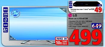 Promotions Lg smart led tv 42ln6138 - LG - Valide de 23/01/2014 à 12/02/2014 chez Kitchenmarket