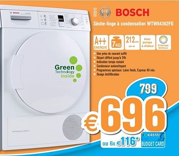 Promotions Bosch sèche-linge à condensation wtw84362fg - Bosch - Valide de 27/01/2014 à 23/02/2014 chez Krefel