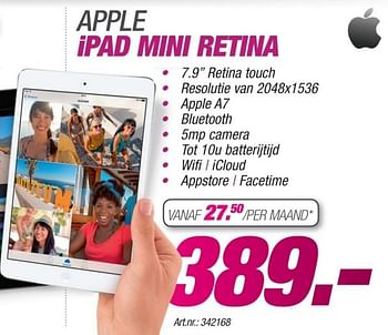 Promoties Apple ipad mini retina - Apple - Geldig van 10/02/2014 tot 05/03/2014 bij Auva